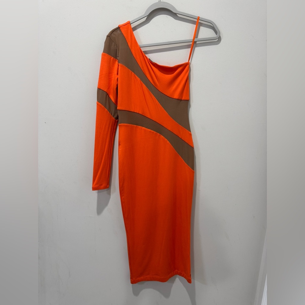 JLUXLABEL Orange and Brown Asymmetrical Long Sleeve Dress